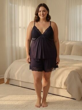 NWT City Chic Viva PJ Set Navy XL/22 Lace Trim Cami & Shorts Plus Size Sleepwear
